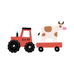 Cute farm animals in flat style. Hand-drawn country animal, car, tractor. Childish character. Cartoon flat graphic vector illustrations