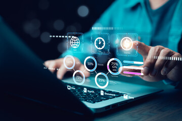 Futuristic data analytics and business intelligence concept. Businessman using a digital dashboard with AI-powered insights to optimize financial strategy, and Innovation in digital transformation.