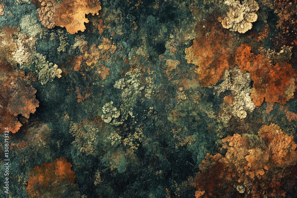 Poster Abstract textured background featuring rusty, orange, and green lichen-like patterns on a dark surface.