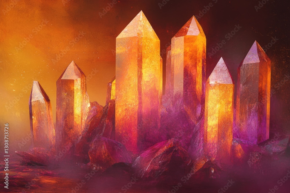 Poster a mesmerizing cluster of luminous orange crystals rises from a bed of deep red, creating a mystical,