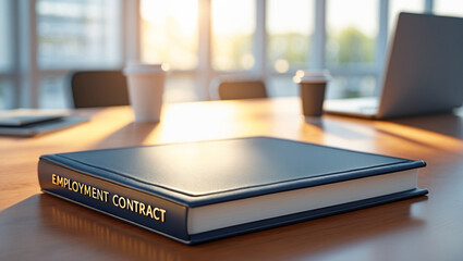 an Employee Contract document book resting on a sleek office desk. The title is bold and professional, with a textured cover. The background is softly blurred, showing an office scene.