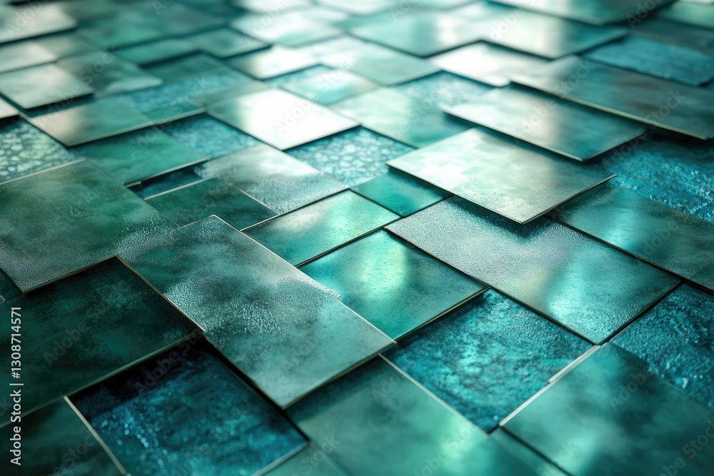 Leinwandbilder Teal metallic tiles arranged in an overlapping pattern, creating a textured and shimmering surface.