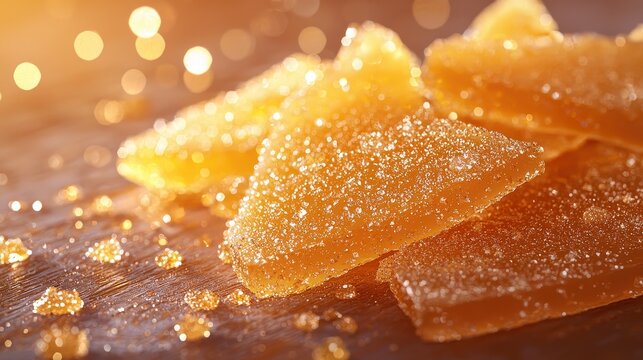 Delicious Candied Ginger A Close-Up Shot Showcasing the Sweet and Spicy Treat's Texture and Color Explore the Intricate Details of this Popular Confectionery, Perfect for Snacking or Baking Capture