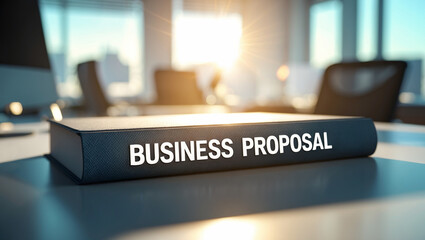 a Business Proposal document book resting on a sleek office desk. The title is bold and professional, with a textured cover. The background is softly blurred, showing an office scene.