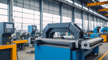 Metal products being bent on a bending machine, symbolizing precision and industrial transformation. A factory setting with a blurred modern background representing innovation and progress in manufact