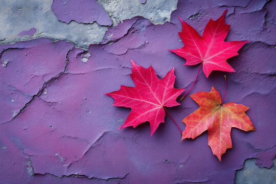 red maple leaves on a purple background. autumn concept,