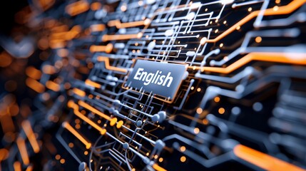 Futuristic circuit board with english text and glowing connections