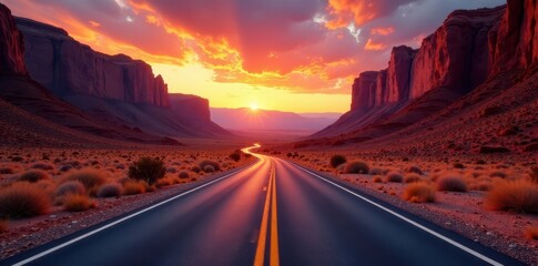 Red rock road cuts through fiery Nevada valley, barren, travel, journey