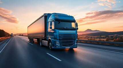 Blue truck highway sunset transport logistics delivery