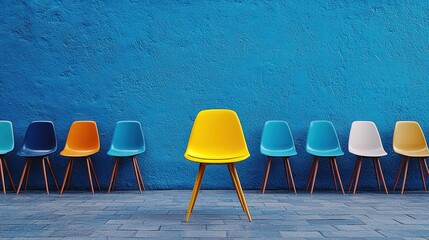 Several colorful chairs stand in a line against a blue wall