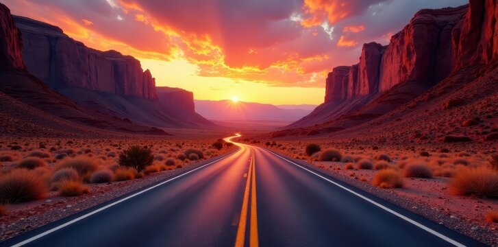 Red rock road cuts through fiery Nevada valley, barren, travel, journey