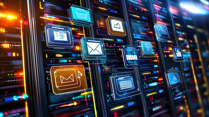 Data center server room, digital icons, network communication, information technology,  background glowing lights,  for technology website