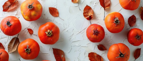 Ripe persimmons with leaves on vibrant color background. Top down aerial view of orange fruit rolling and scattering at vibrant color background. Flat lay composition. Close up or macro photograph