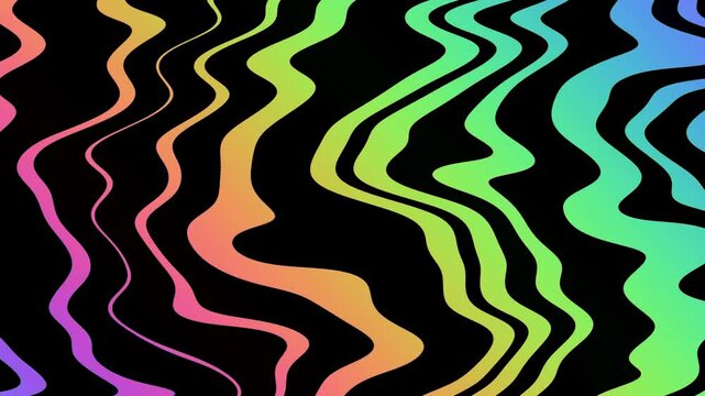 Neon holographic wavy pattern on black. 90s, Y2K aesthetic, trippy vibes, fluid lines. Digital art, creative design, modern 2000s summer visuals. Banner background texture, 4k Seamless loop animation