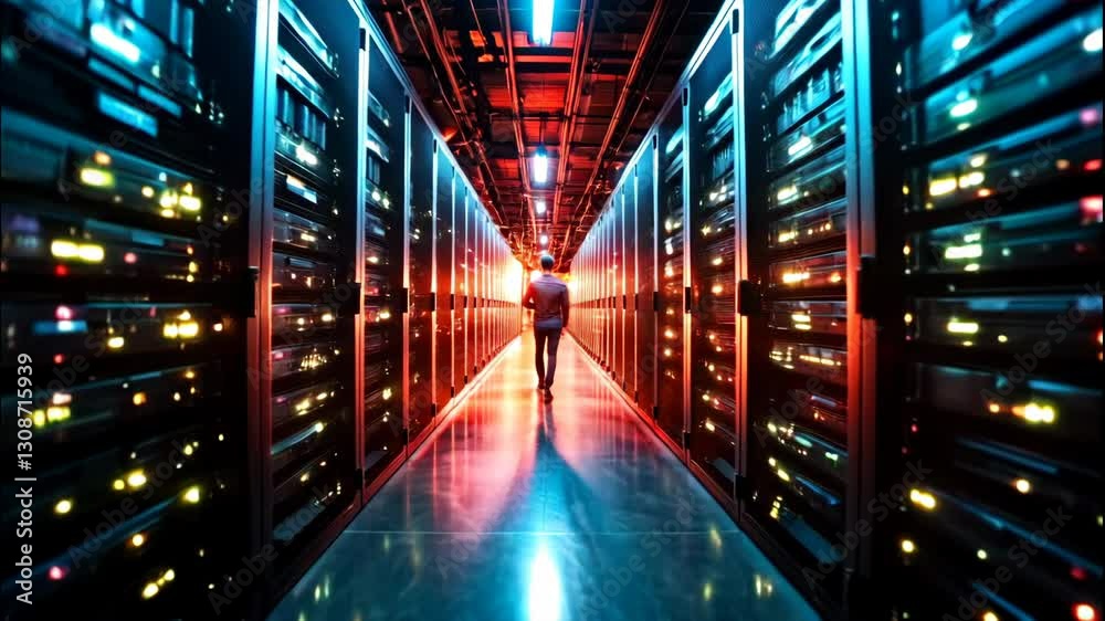 Poster illuminated corridor of server racks person navigates through technology and data storage in colorfu