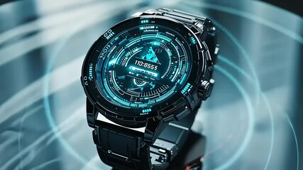 Futuristic smartwatch displaying digital interface on a reflective surface with tech backdrop