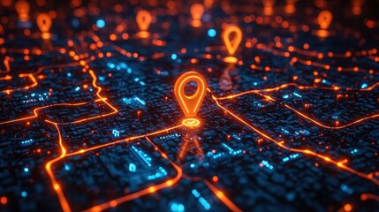 A digital map with glowing routes and destination markers.