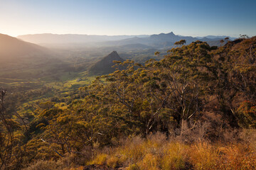 Sunset, view to Mount Warning, Wollumbin, Mebbin, Border Ranges, Mount Jerusalem National Park,...