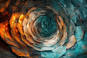 Abstract swirling tunnel of teal and burnt orange, textured metallic scales creating a vortex effect.