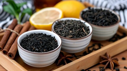 Aromatic tea leaves with lemon and spices in ceramic bowls on wooden tray