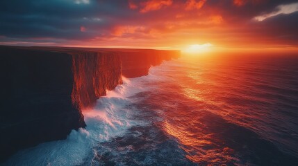 A dramatic cliffside with ocean waves crashing against its base under a vibrant sunset.