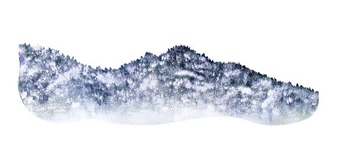 Mountains covered with forest and snow. Part of the landscape-constructor. Watercolor illustration, hand-drawn on the background isolated. For decoration, design, printing and polygraphy, advertising