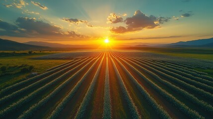 A drone flying above rows of solar panels in an expansive renewable energy farm.
