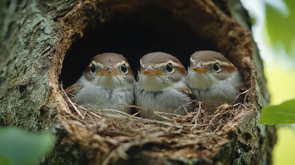 A family of sparrows building a nest in the hollow of an old oak tree.
