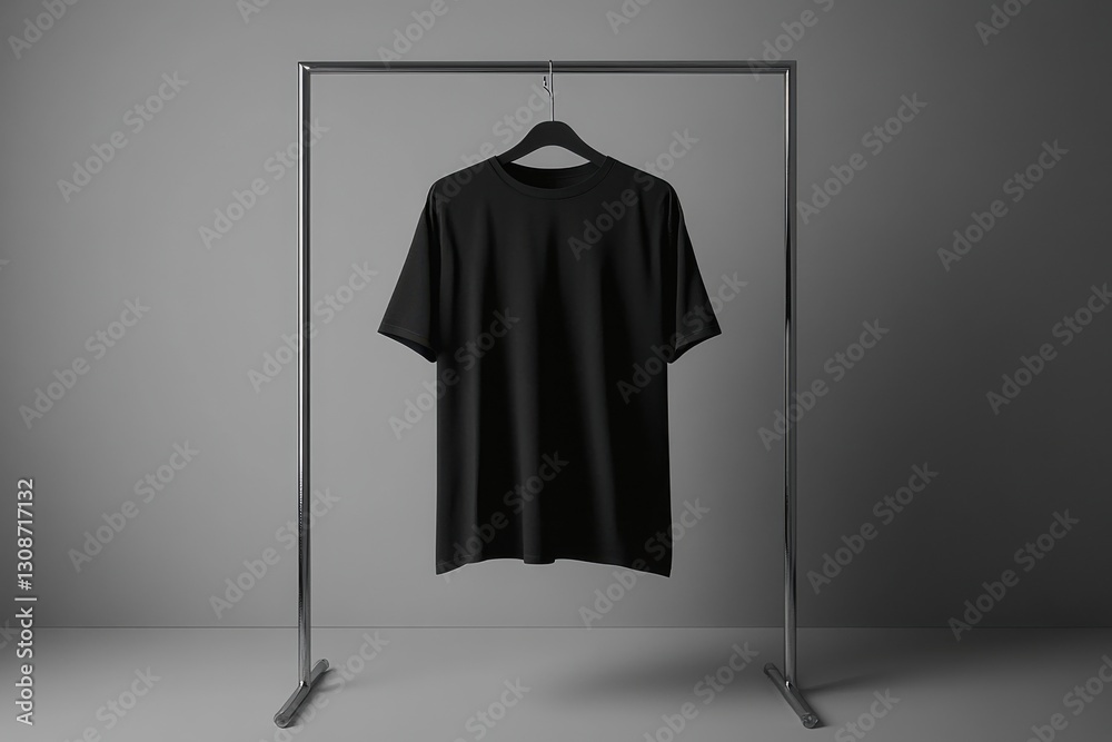 Poster Black t-shirt displayed on a metallic rack in a minimalist studio setting with neutral background