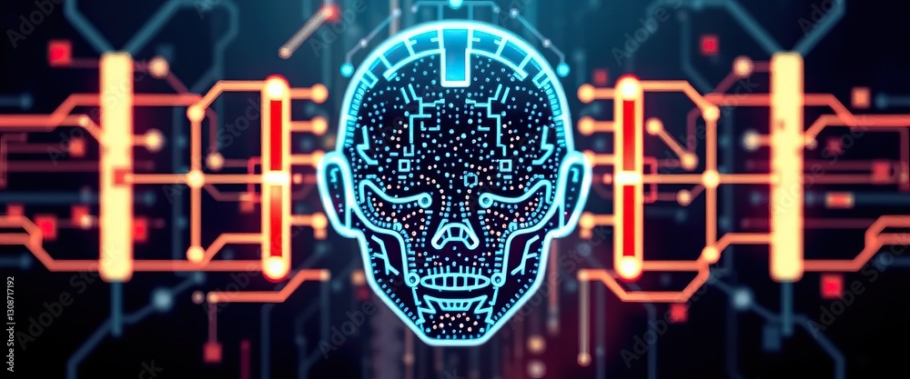 Poster AI generated face with circuit board detailing and vibrant neon lighting for tech forward look