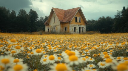 A field of blooming wildflowers surrounding an abandoned farmhouse.