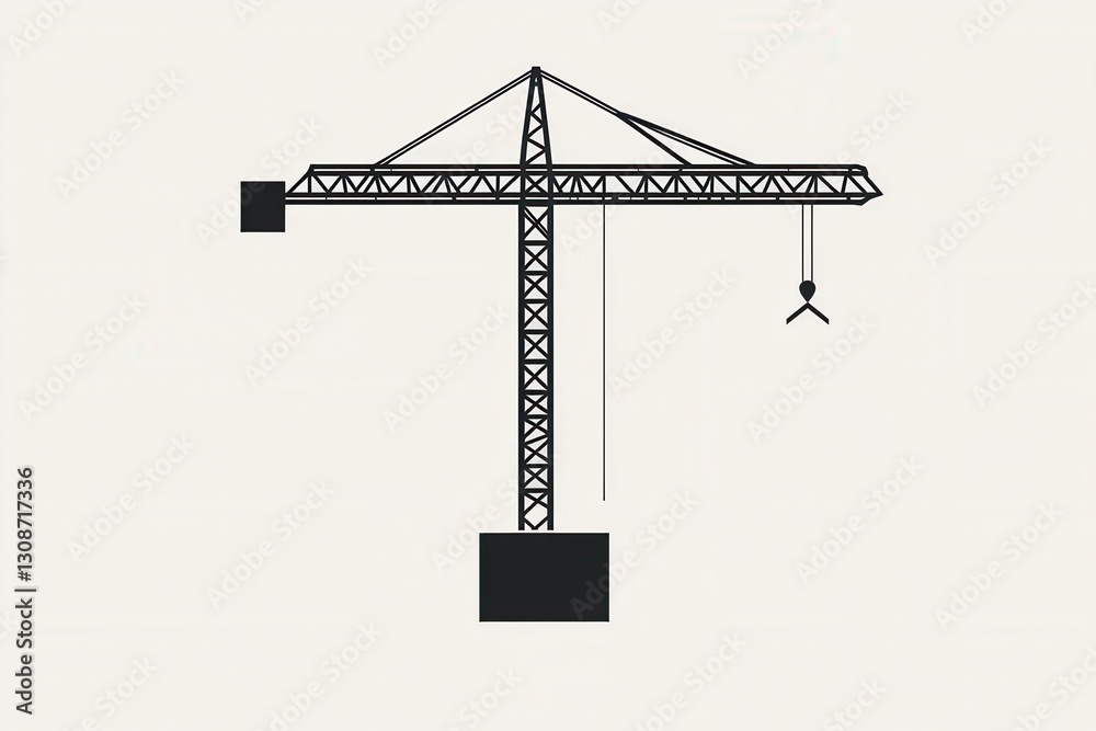 Poster minimalist construction logo featuring a silhouette of a tower crane lifting a block, showcasing mod