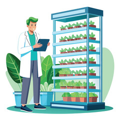 scientist inspecting vertical farming racks vector image on white background 