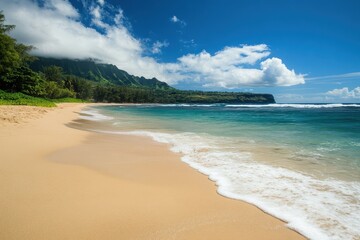 Fototapeta premium Breathtaking sandy beach with clear water and majestic mountains under a bright blue sky in a tropical paradise