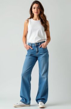 Fashion model posing in wide leg jeans and white tank top