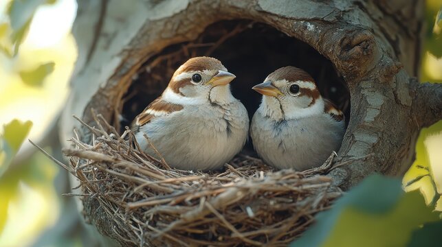 A family of sparrows building a nest in the hollow of an old oak tree.