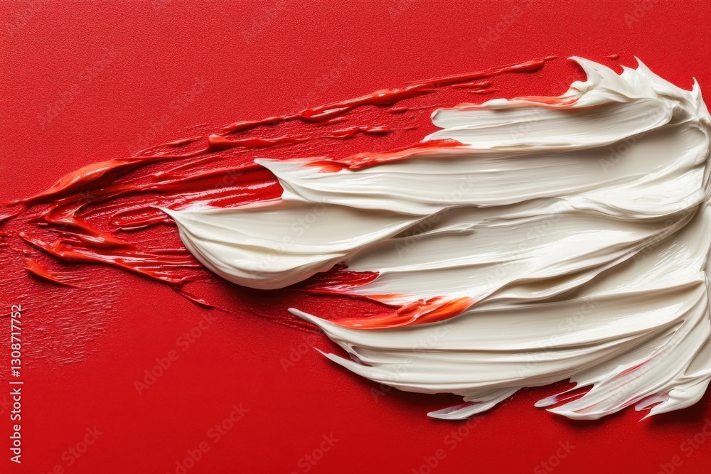 Poster Bright red and white paint blending in a creative swirl on a smooth canvas surface