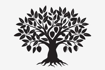 Black silhouette image of olive branches with olives in retro style, vector cartoon illustration isolated on white background