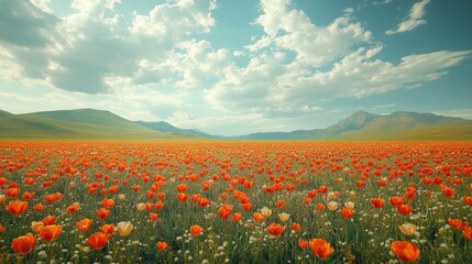 A field of vibrant tulips swaying gently under a cloudy sky.