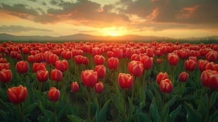 A field of vibrant tulips swaying gently under a cloudy sky.