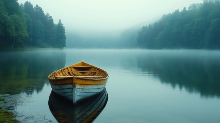A fishing boat anchored quietly in the morning fog on a serene lake.