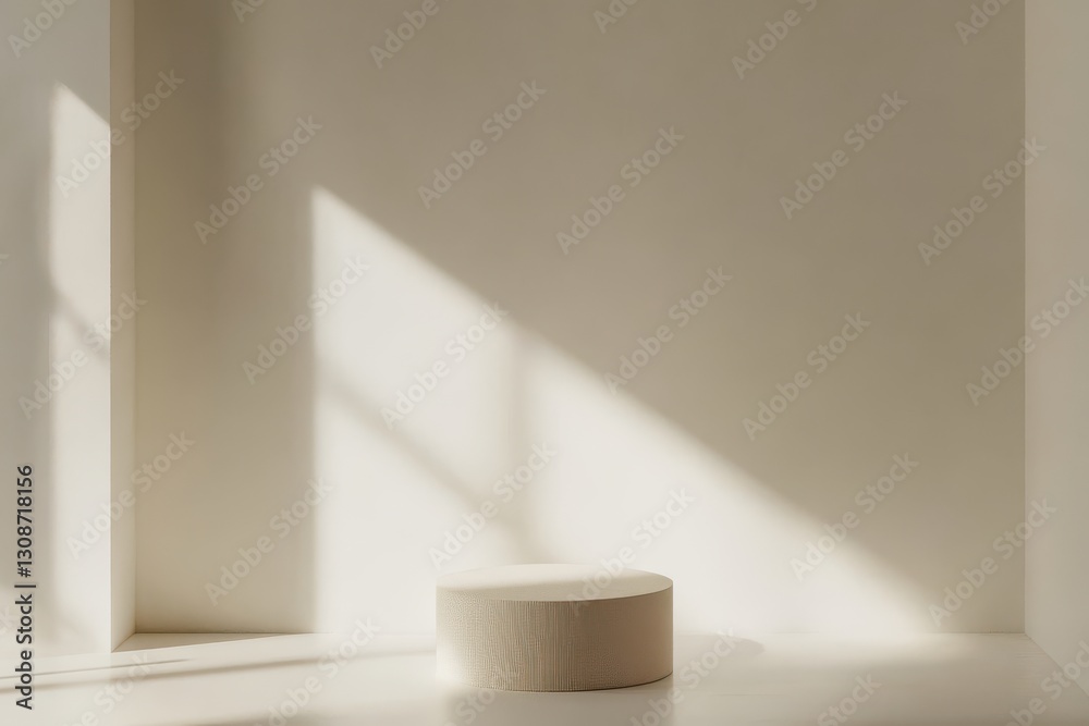 Poster minimalist design featuring a light-filled room with a circular pedestal and soft shadows in a warm,