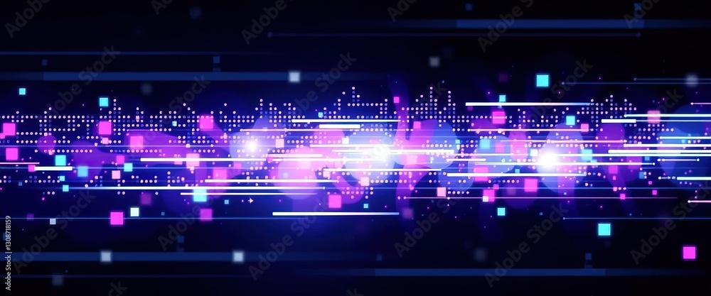 Poster Abstract data stream visualization with glowing particles lines and geometric shapes in dark setting