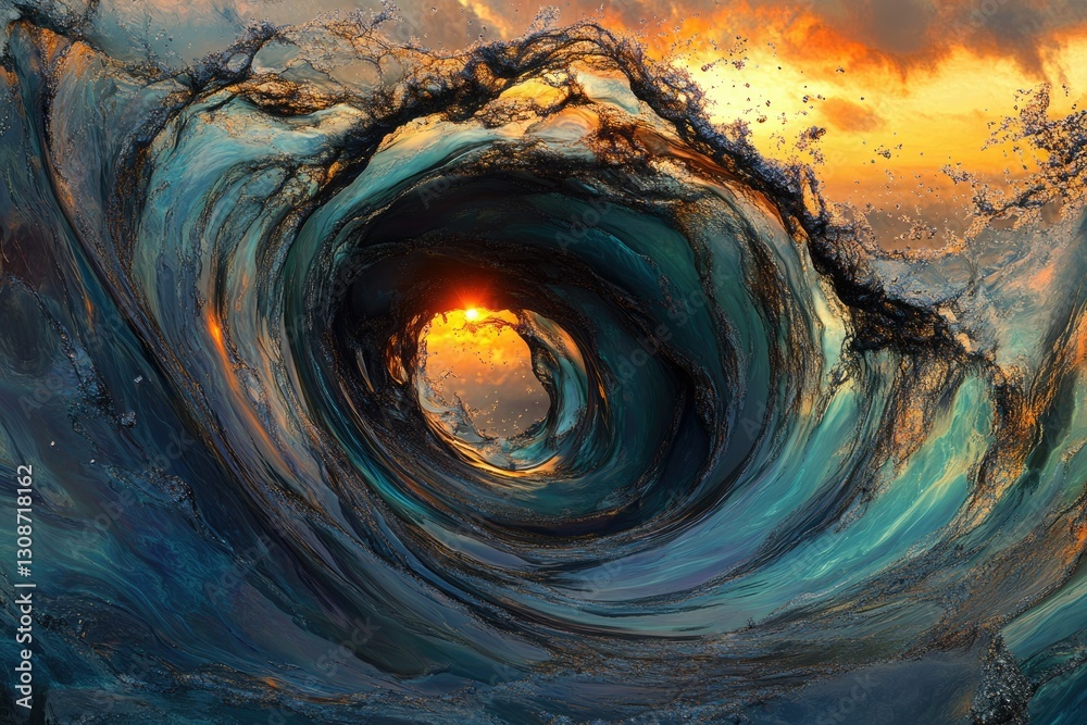 Poster a mesmerizing ocean wave curls into a breathtaking vortex, revealing a vibrant sunset through its sw