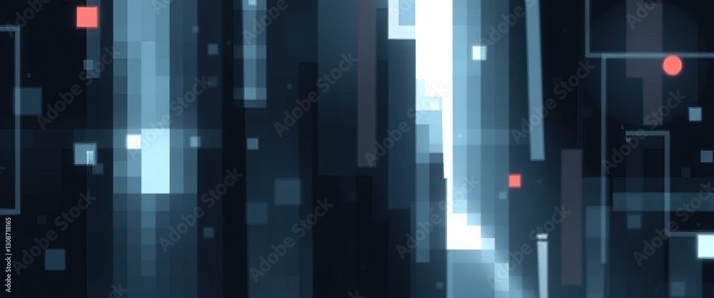Poster abstract composition of glowing pixels and geometric shapes futuristic tech inspired atmosphere