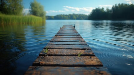 A fishing rod propped on a lakeside pier, ripples forming in the calm water.