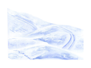 Snow-covered hills, slides, snowdrifts. Ski track, paths, tracks. Part of the landscape-constructor. Watercolor illustration, hand-drawn on the background isolated. For decor, design, polygraphy