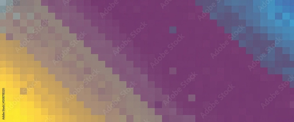 Poster digital pixel pattern is displayed in shades of yellow purple and blue forming gradient mosaic