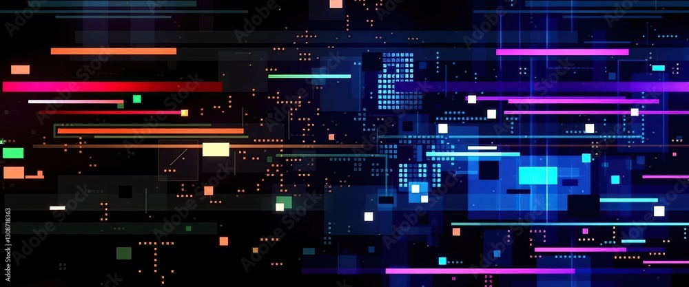 Poster Colorful futuristic technology background with digital geometric elements and flowing data streams