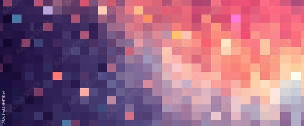 Poster abstract pixelated background transitioning from deep purple to vibrant pink and orange hues with sc